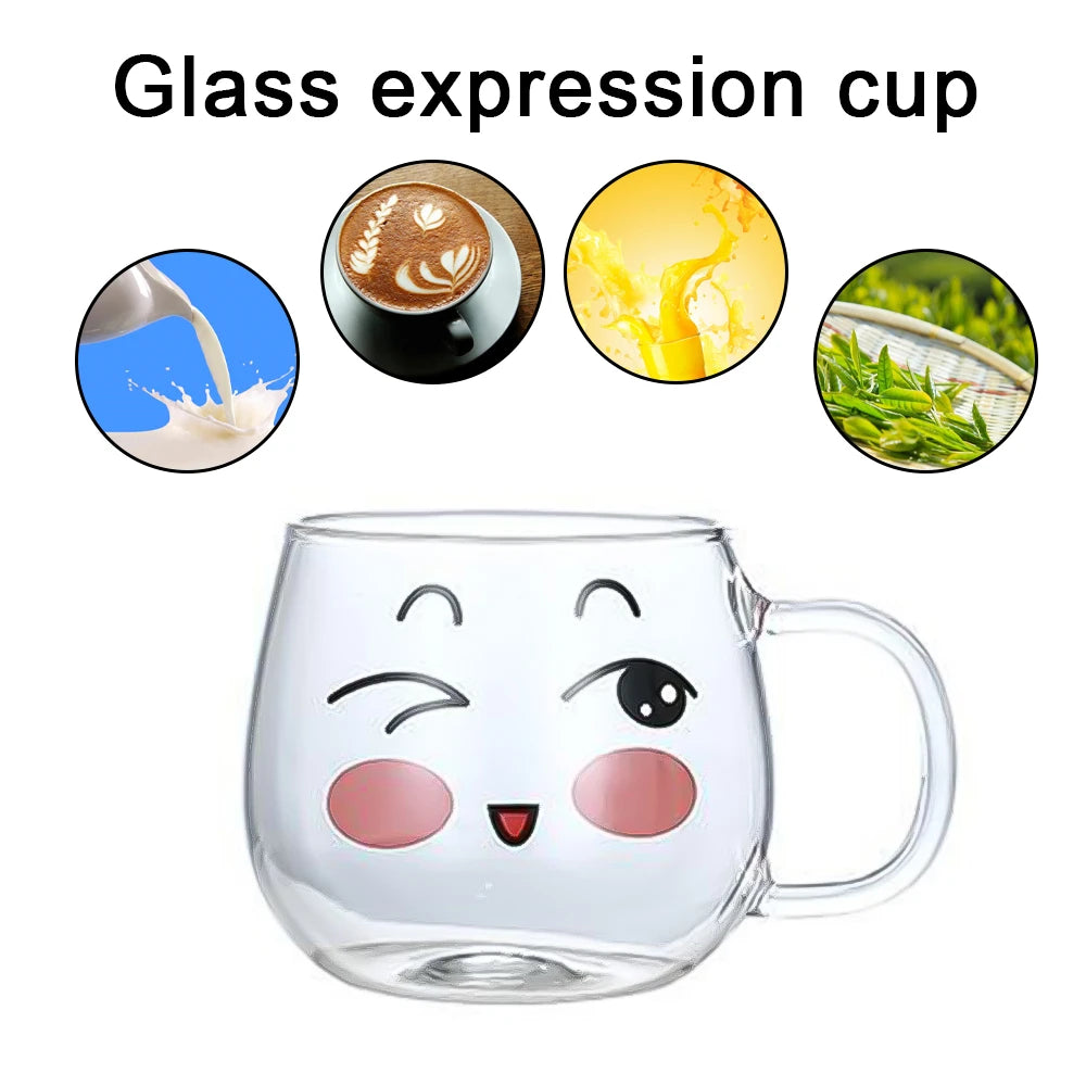 200ml Cartoon Glass Mug Cute Expression Coffee Mug Yogurt Tea Milk Lemon Juice Coffee Water Cup Heat Resistant Household Cups