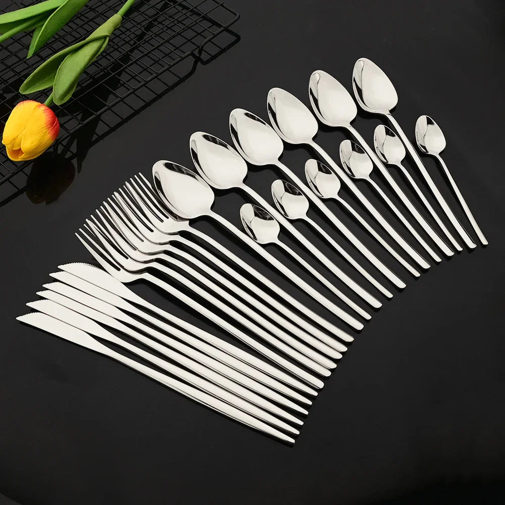 24Pcs Stainless Steel Flatware Cutlery Set Luxury Silver Dinnerware Dinner Knife Fork Spoon Reusable Polished Utensils For Home