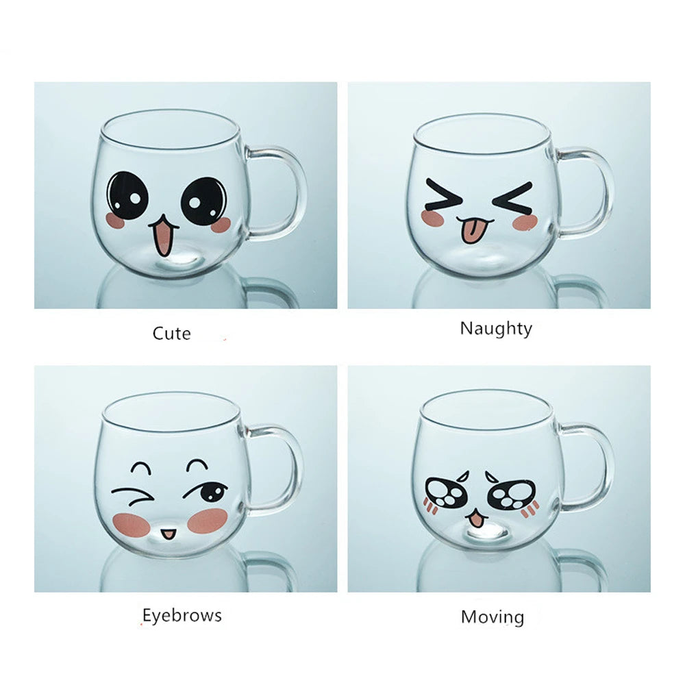 200ml Cartoon Glass Mug Cute Expression Coffee Mug Yogurt Tea Milk Lemon Juice Coffee Water Cup Heat Resistant Household Cups